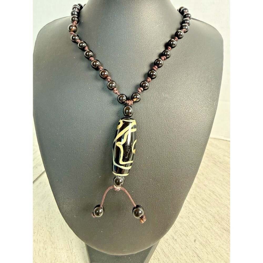 Tibetan Agate Dzi Bead Pendant Necklace Wave Pattern Braided Buddha Cord Amulet